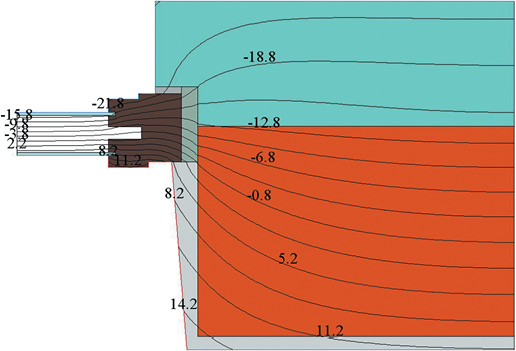Температурное поле по сечению узла сопряжения оконного блока с наружной кирпичной стеной