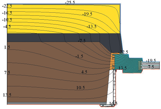 Температурное поле по сечению узла сопряжения с укрытием изнутри откоса ПВХ-панелями (вариант 1)