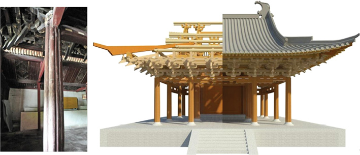 Общий вид верхней части колонны с шарнирным опиранием конструкции кровли (система доугун) и компьютерная модель здания храма Баогосы Древнего Китая