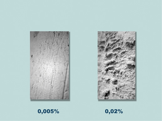 Вид поверхности штукатурки с различным содержанием воздухововлекающей добавки после подрезки