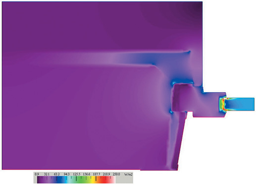 Распределение плотности теплового потока по сечению узла сопряжения с укрытием изнутри откоса сэндвич-панелями (вариант 2)