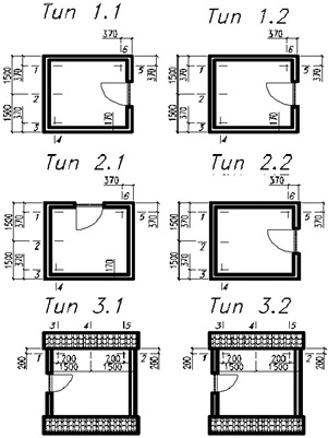 Схемы расположения датчиков температуры в ограждающих конструкциях натурных испытательных стендов