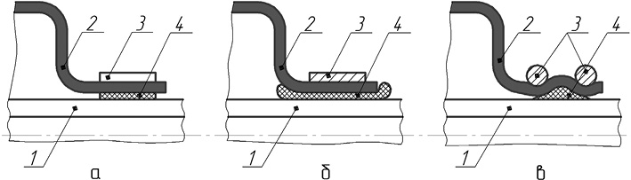 Конструктивные схемы узлов уплотнения резиновой манжеты на магистральном трубопроводе