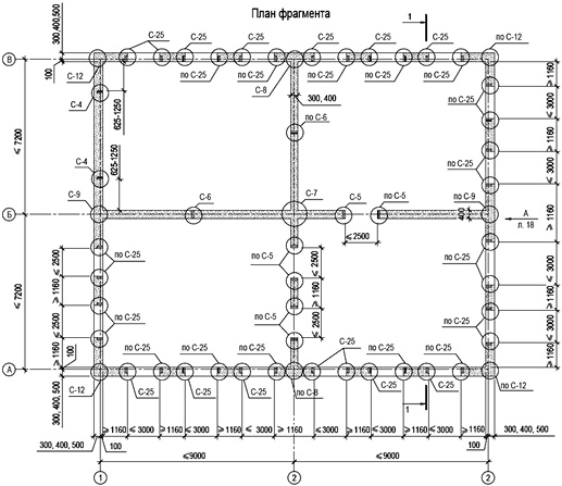 План фрагмента здания и расположение железобетонных включений
